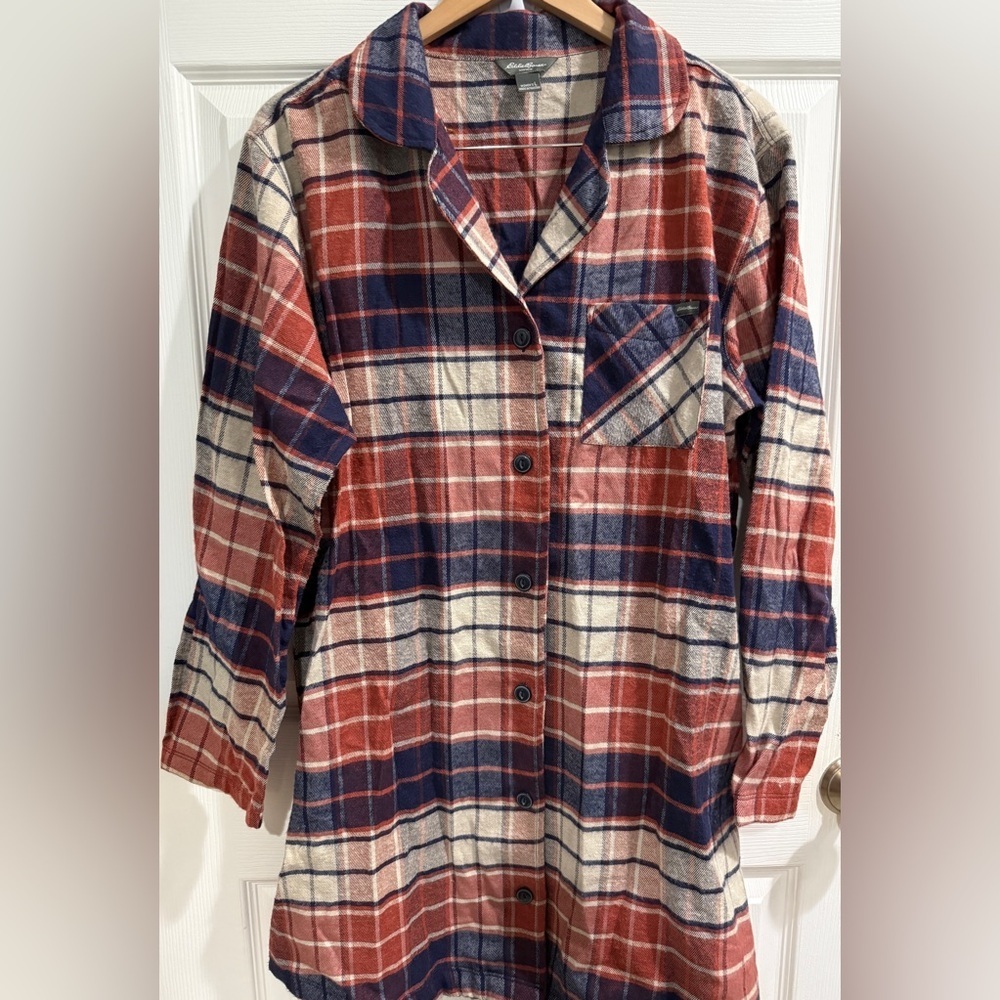 Eddie Bauer Brown and Blue Plaid Women's Flannel Pajama Sleep Shirt cabincore
